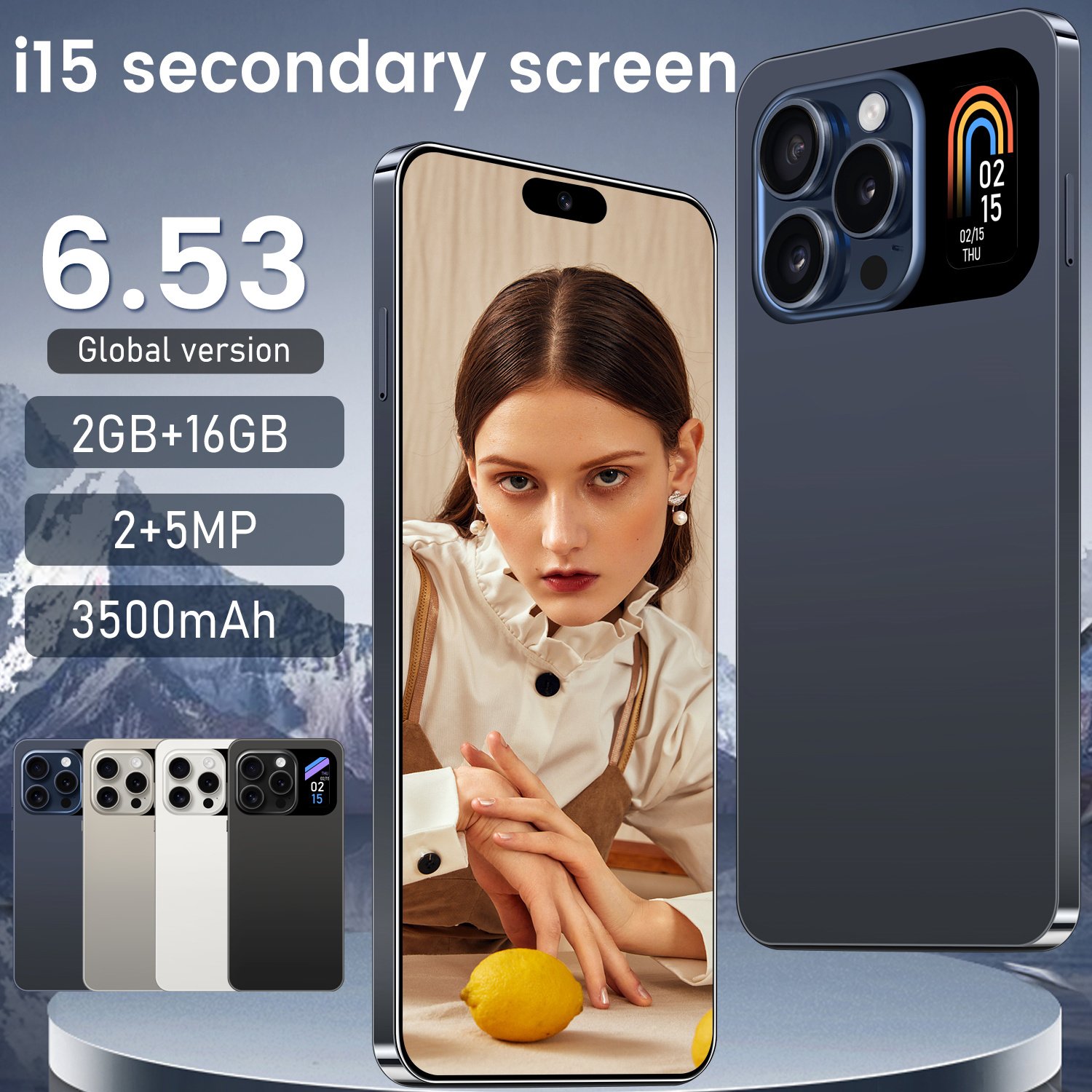 Australia Top Sell 2024 Global Version i15 Secondary Screen Phones Quick Charge Big Screen HD Camera 3G AI Phone